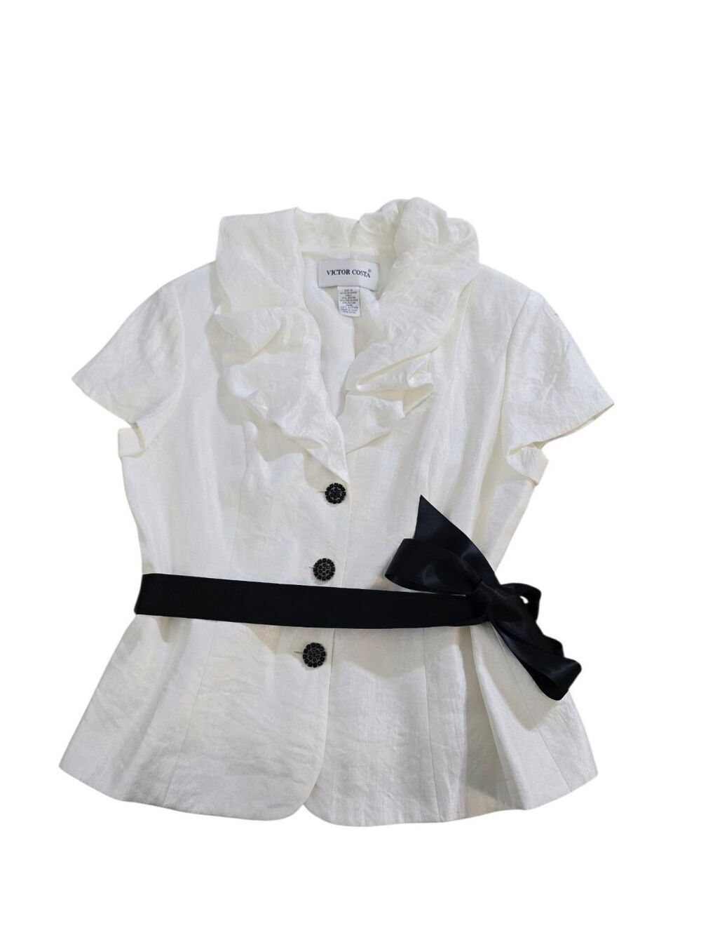 Victor Costa Size 10 Ivory Ruffle Jacket Black Bow Rhinestone Buttons Formal